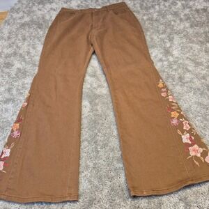 Cider Brown High Waisted Flare Leg Pants Floral Side Embroidery Boho 70s Style